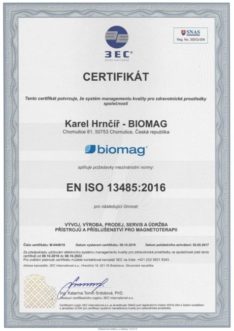 Certifikát ISO 13485 - česká verzia