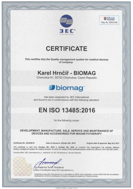 Certifikát ISO 13485 - anglická verzia