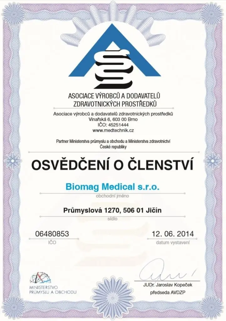 Certifikát členstva v Asociácii výrobcov a dodávateľov zdravotníckych pomôcok